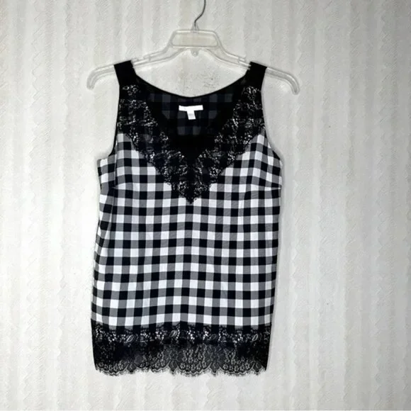 🆕 HUGO BOSS Womens checkered lace top size 10 - Picture 2 of 8